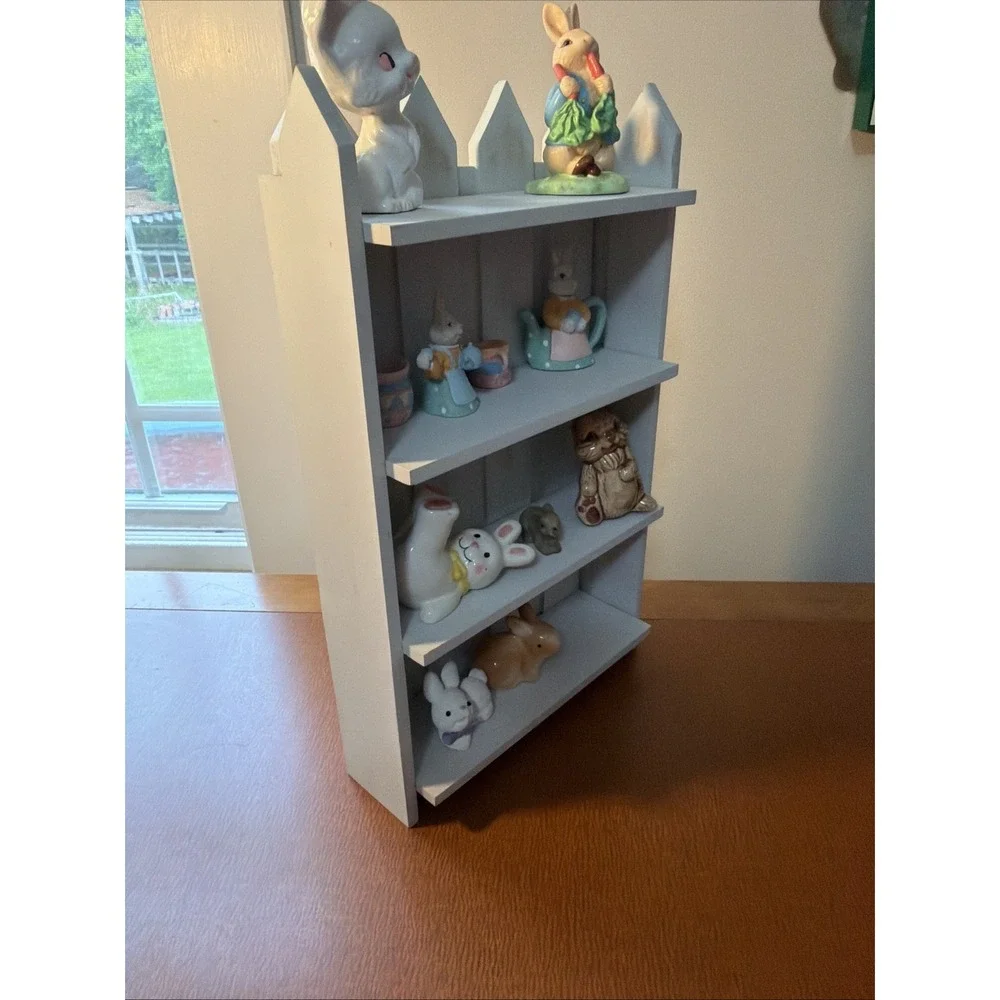 Vtg Bunny Figurines On Picket Trinket Shelf Hanging Or Free Sitting Shelf